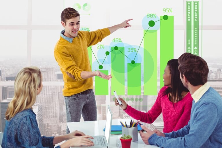 Digital marketing team analyzing social media engagement trends and growth data